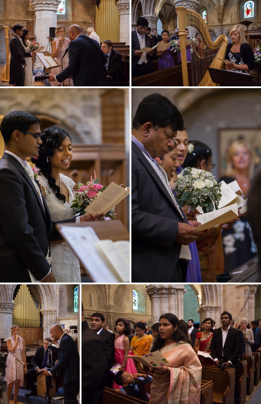 bride and groom with congregation singing in church
